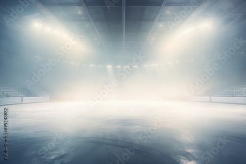 An empty ice rink covered in fog with spotlights shining on the ice. Perfect for winter sports or event concepts