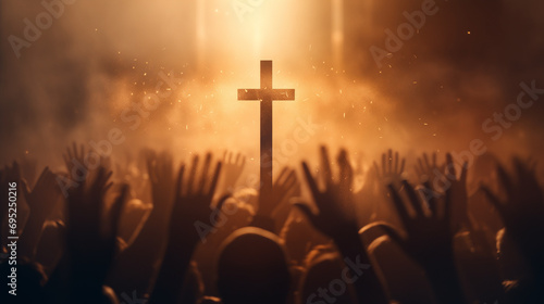Christian worship God together hold hands and hugs warmth in Church, jesus cross symbol on colorful clouds background. Generative AI