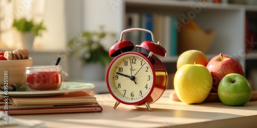 A red alarm clock placed on a wooden table. Perfect for illustrating time management and deadlines