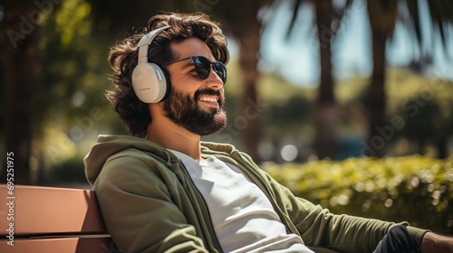 A man with smiling face wearing headphones listening to the podcast while sitting on bench at park