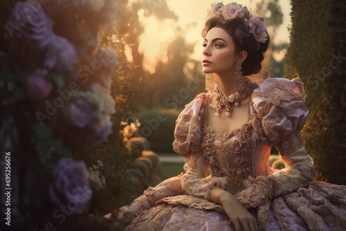 Beautiful young rococo aristocratic lady in floral duchess garment. Baroque stylish majestic royal queen. Generate ai