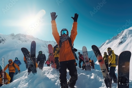 A group of snowboarders standing on top of a snow covered slope. Perfect for winter sports and outdoor adventure themes