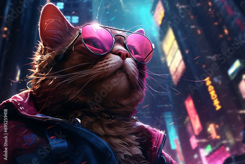 Animals, lifestyle concept. Cool looking cat with purple sunglasses in urban night city background. Retro, vintage, pop 80s-90s style