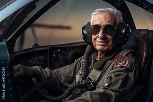 Portrait of a senior pilot sitting in a cockpit of a helicopter