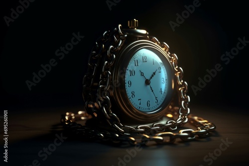 Retro clock chain with light. Metallic antiquated watch pedant with hanging necklace. Generate ai