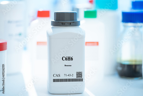 C6H6 benzene CAS 71-43-2 chemical substance in white plastic laboratory packaging