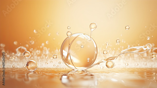 Golden yellow abstract oil bubbles or face serum background. Oil and water bubbles .golden yellow Bubbles oil or collagen serum for cosmetic product, 