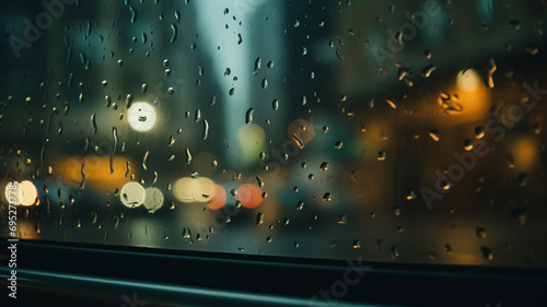 window view from a bus driving away from rainy city, AI Generative.