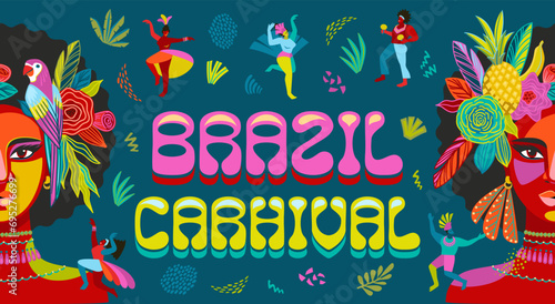 Banner with portrait of woman and people in brazil carnival outfit. Vector abstract illustration. Design for carnival concept and other