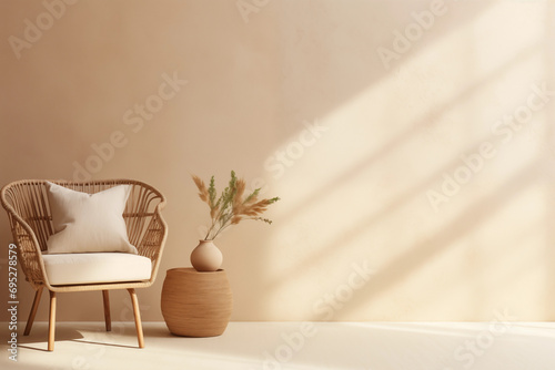Earthy Empty beige wall mockup with copy space in boho room interior with armchair and plant vase. Natural daylight from a window. Product Promotion background. Generative ai.