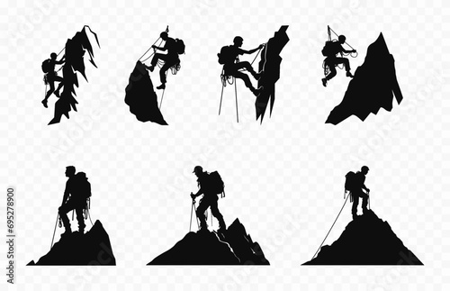 Alpinists Climbers Silhouettes Collection, Alpinist Climber Silhouette in different poses Set, Mountain climbing Vector silhouette