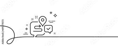 Journey line icon. Continuous one line with curl. Road path sign. Route map chat bubble symbol. Journey single outline ribbon. Loop curve pattern. Vector