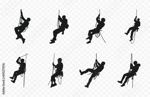 Rappelling Silhouettes Vector Set, Rappel Climbing Silhouette Clipart in different poses