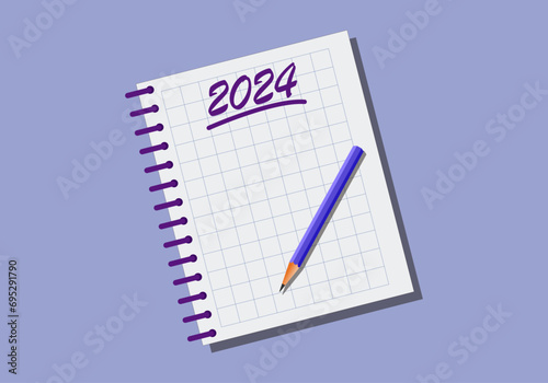 Propósitos para 2024. Libreta cuadrículada con el año 2024 escrito como título y lápiz para anotar los propósitos del nuevo año