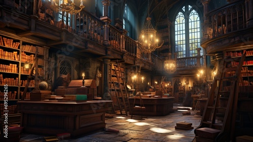 an ancient library filled with weathered, leather-bound books stacked in wooden shelves. The room is dimly lit by antique lamps casting warm, soft light. 