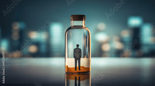 Rear view of business man trapped in a glass bottle on a blurred city background