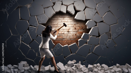 Rear view of a business woman in suit breaking wall with a hammer and making big hole on a concrete wall