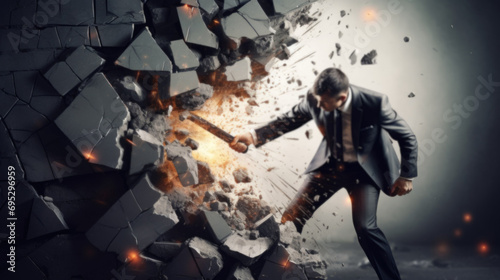 Business man in suit breaking a concrete wall with a hammer