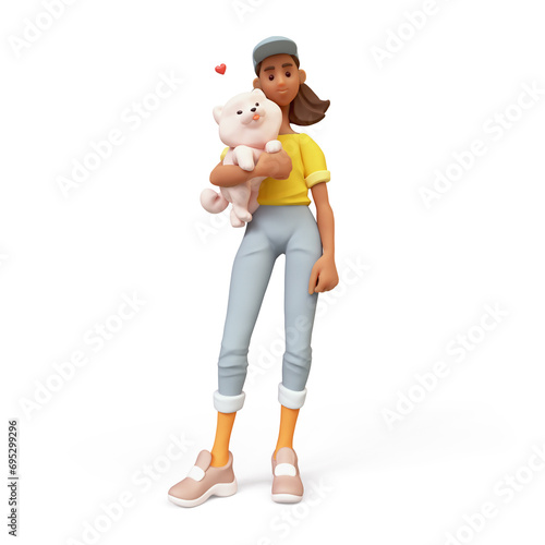 Cute positive excited smiling brazilian black girl in fashion casual clothes blue jeans, yellow t-shirt holds large fluffy white playful puppy with one hand under arm. 3d render isolated transparent.