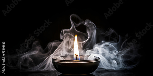 burning incense stick in a smoke, Candle Is In A Glass Dish With Smoke Coming From Its Bottom Background, An Image Of A Small Candle With Smoke Background, Incense Magic Captivating Wisps in the Air. 