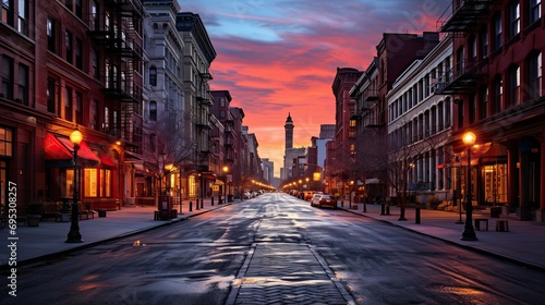 Empty street at sunset time in SoHo district