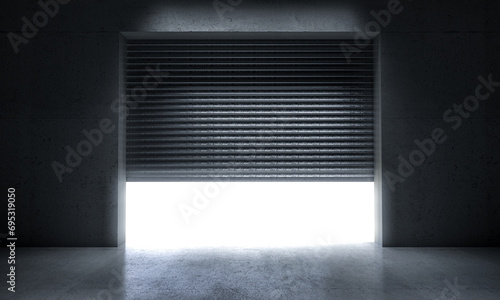 Garage entrance with metal shutter and concrete wall.