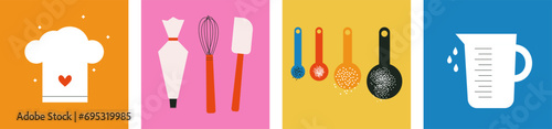 Collection of cooking food vector design elements. Kitchen utensils icon set. Kitchenware for cooking and baking. Colorful spoons. Flat vector illustration. Trendy abstract style. Scandinavian design
