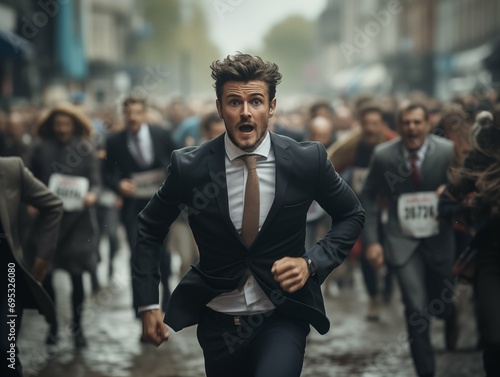 A Suited Man Running in a Busy Street