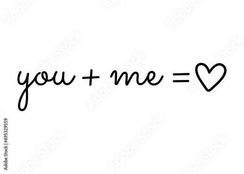 Declaración de amor. Fórmula matemática You + me = love para su uso en felicitaciones y tarjetas de San Valentín