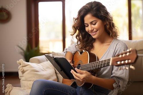 Beautiful young woman playing guitar with Digital tablet learning to play in online course sitting on sofa at home