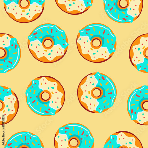 Seamless pattern depicting appetizing donuts with beige and turquoise glaze and sprinkles. Vector illustration.