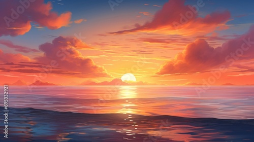 an image portraying a spectacular sunrise over the ocean horizon, with the sun's rays illuminating the sky in vibrant hues of orange and pink, reflecting on the calm waters below, - Generative AI