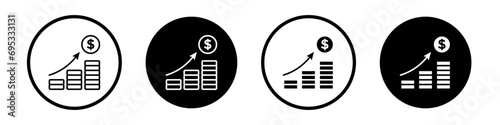 Fund growth icon set. revenue increase vector symbol. cost rise sign. profit margin increase icon in black filled and outlined style.