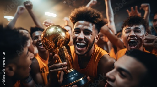 Basketball players of many nationalities celebrate victories by hugging, jumping and holding trophies.