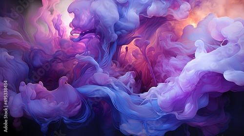 Close-up of ethereal liquid flames in a mesmerizing fusion of amethyst and lavender colors, casting an enchanting glow in a surreal landscape