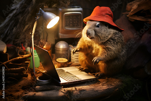 marmot in red Panama hat working on laptop in hole Groundhog Day anthropomorphic marmot
