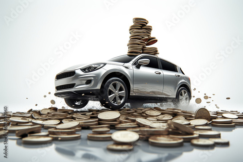 Stack of coin and miniature silver car on it, Finance and car loan, saving money for a car, buying auto finance concept, AI Generative.