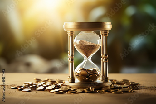Sand clock and coins stack, time to pay concept, time for savings money concept, banking and business idea, AI Generative.