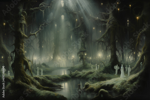 A Symbolist Painting of an Enchanted Forest with Ethereal Light