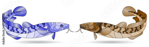 A stained glass illustration with abstract burbot fish isolated on a white background, tone blue and brown