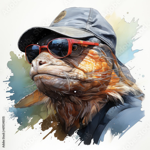 watercolor Bass Fish Sunglasses Baseball Cap clipart, Generative Ai