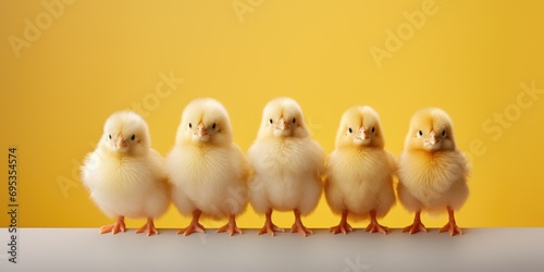 Small chickens are standing side by side, light yellow background