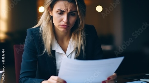 A depressed businesswoman sitting in an office with a table full of overdue checks and payments. Bills and payments concept. Sad adult woman takes care of her finances. Business problems.