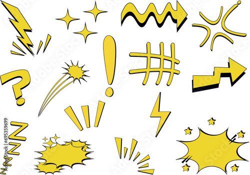 Yellow Comic Effect Shape great set collection clip art Silhouette, vector illustration on white background.