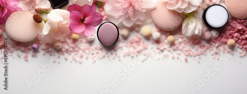 Wide panoramic pinkish cosmetics background banner with various makeup powders, colorful stones and flowers on white background 
