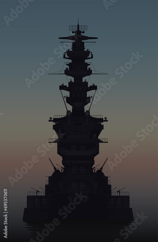 Warship in the night sea. Vector illustration. Sketch