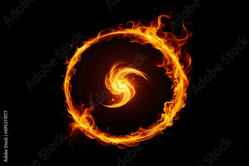 Magic fire circle on black background. Round fiery spell effect