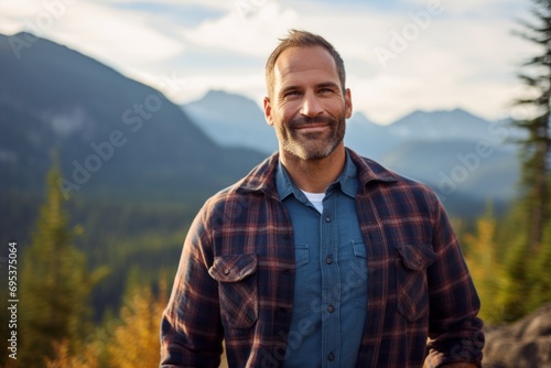 Portrait of a grinning man in his 40s wearing a comfy flannel shirt against a panoramic mountain vista. AI Generation