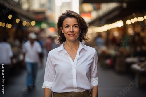 Portrait of a satisfied woman in her 40s wearing a classic white shirt against a bustling urban market. AI Generation