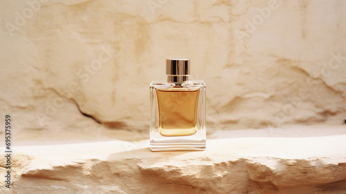 Generative AI, Bottle of beige perfume on a beige natural stone background. Glass flask with fragrance packaging design mock up 